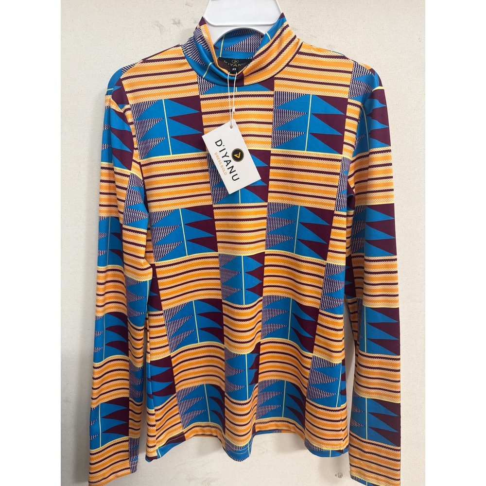 D'Iyanu African Print Turtleneck Top‎ Blue Orange Geometric Long Sleeve XS NWT